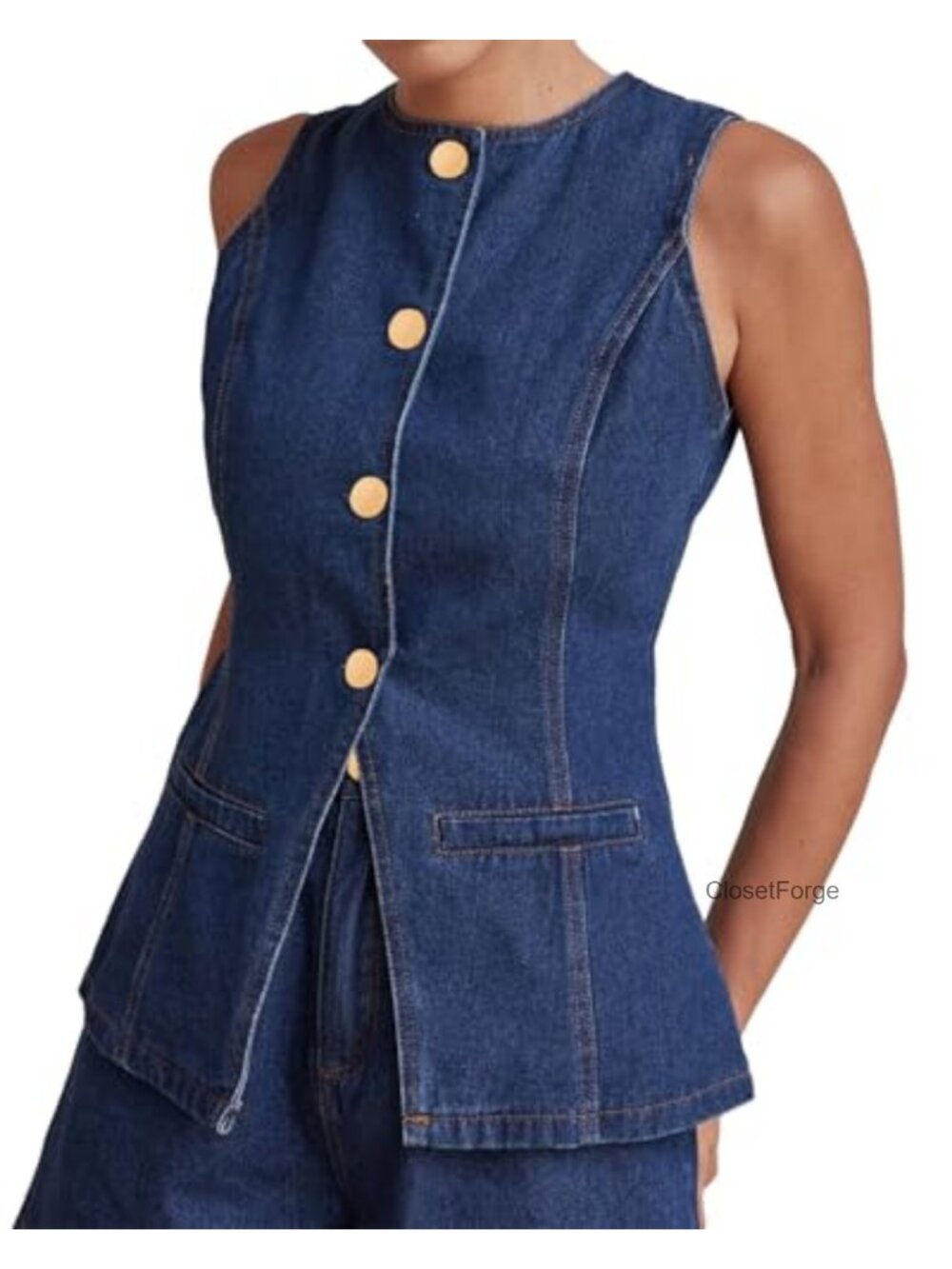 Sleeveless Button Down Denim Vest Slim Fit Crew Neck Jean Jacket Waistcoat with